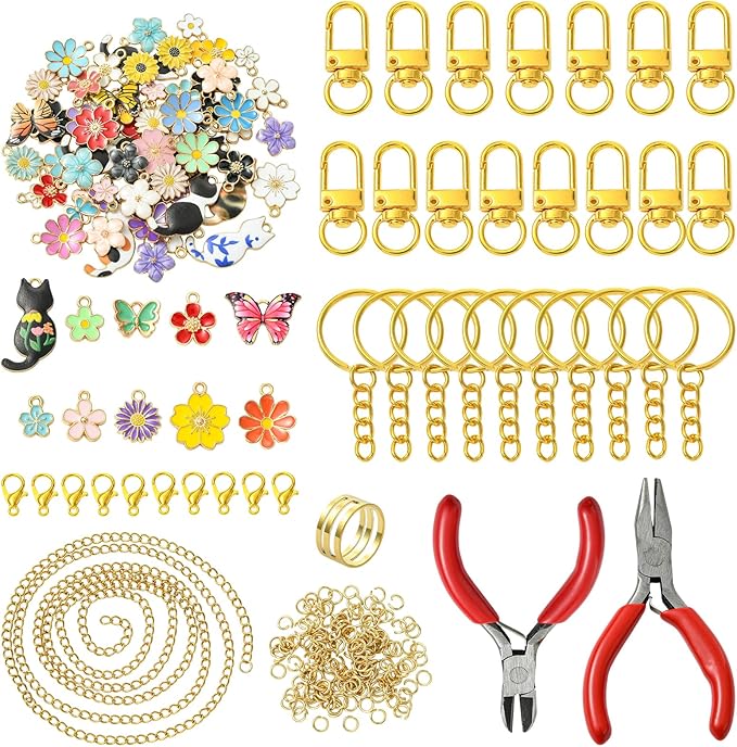 Ornaland 288 Pcs Lip Gloss Keychain Making Kit Jewelry Plier Bracelet Necklace Lanyard Making Kit Include Chains Jump Rings Clasps Alloy Enamel Charms for DIY Craft（Mixed Color）