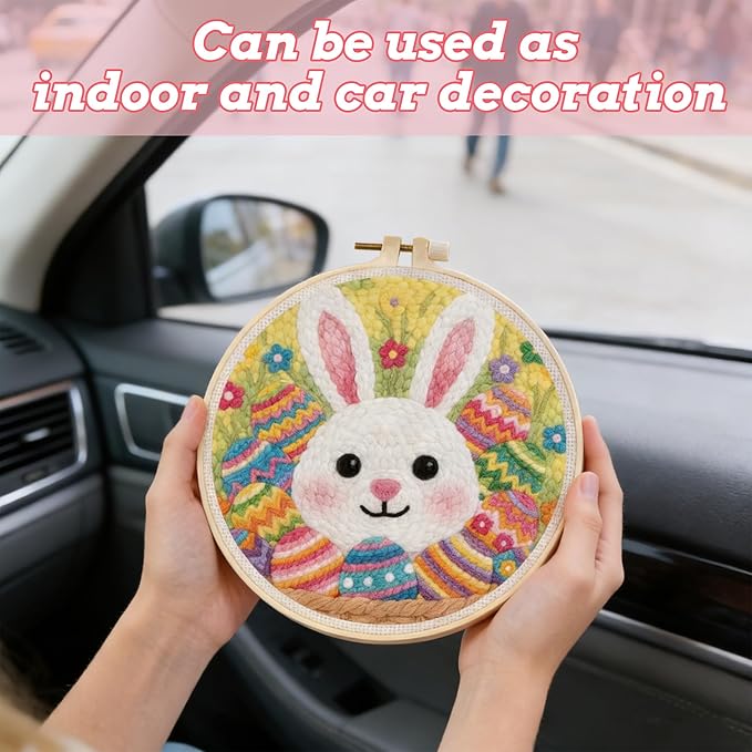 QBQBQ 4 Sets Easter Punch Needle Kits Adults Beginner, Easter Embroidery Kit with Printed Pattern and Bamboo Hoop, Festival Gift and Decoration