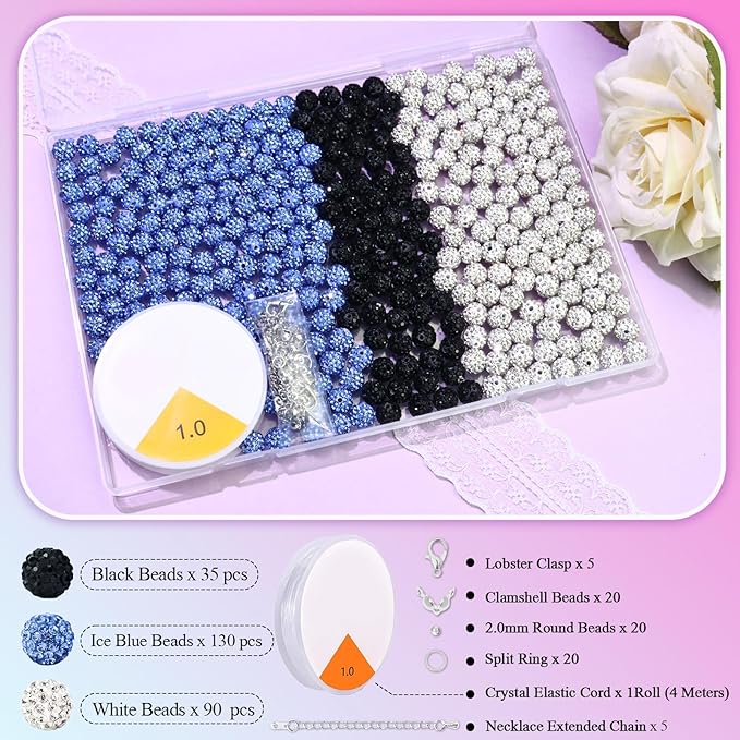 Dowarm 255PCS 10mm Rhinestone Beads for Baseball Rhinestone Necklace Bracelet Jewelry Making, Round Polymer Clay Beads for Crafts Beaded Pen, Shamballa Pave Diamond Bead, Ice Blue|White|Black