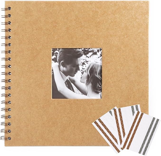 Scrapbook 10 x 10 Inch DIY Square Photo Window + 3 Corner Stickers, Photo Album Hardcover Kraft Paper Brown 20 Sheets/ 40 Pages