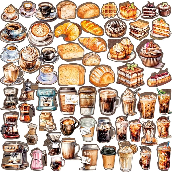 60 Pieces Coffee Themed Vintage Large Size PET Stickers, Elegant Coffee, Soft Bread and Delicious Dessert Designs for Scrapbooking, Journaling, DIY Crafts, and Junk Journal Supplies (6 Pack)