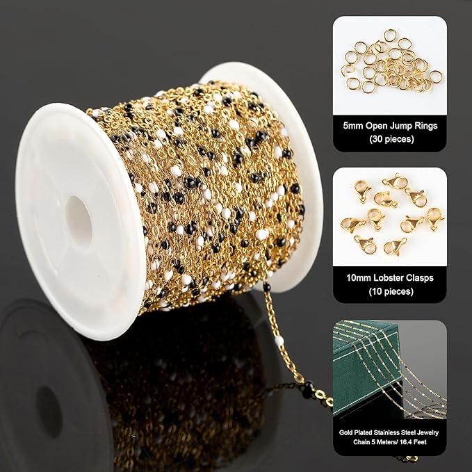 UMAOKANG 10 Meters White Black Enamel Bead Chain for Jewelry Making Gold Plated Stainless Steel Cable Chains for Necklace DIY