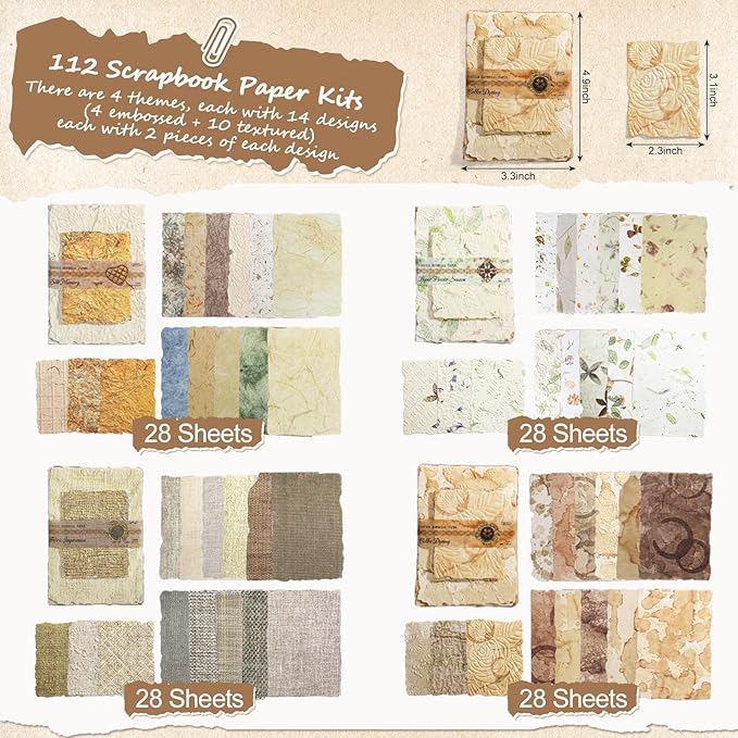 112 Pcs Textured Vintage Scrapbook Paper, 4 Themes Scrapbook Journaling Supplies, Embossed Designs Scrapbooking Kit Decorative Paper for Junk Journals, Card Making, Collage Art, Retro Crafts