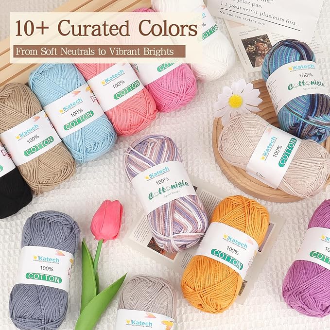 Katech Pure Cotton Yarn for Crocheting & Knitting–Soft Sport Weight CYC #2, 6 Skeins (50g each, 300g total), Ideal Crochet Yarn for Dishcloths, Baby Clothes, Socks, Lightweight Scarves(Mustard Yellow)