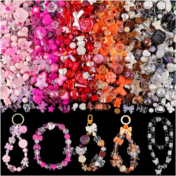 400-450pcs tinkrstuff assorted acrylic beads for bracelet making, cute bead for jewelry making flower bow butterfly candy gummybear kawaii aesthetic beads, diy necklace keychain phone charms(6 colors)