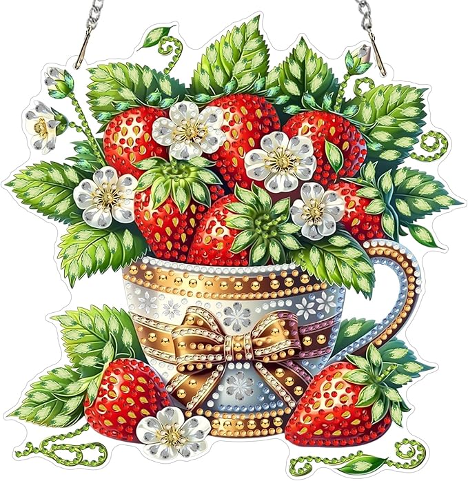 MXJSUA Strawberries Diamond Painting Art Window Suncatchers, Diamond Art Kits for Adults Hanging Ornaments with Chain, 5D Special Shape Crystal Diamond Pendant Accessories for Decor Gift 8x8 Inch
