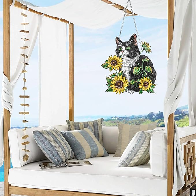 VAIIEYO Cat Diamond Art Hanging Ornament, Sunflower Animal Diamond Painting Suncatchers Window Hanging Kit with Chain, 7.5x7.5 inch Crystal Pendant Art Craft for Gift Home Wall Front Door Decoration