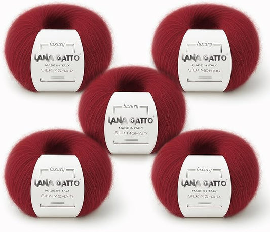 Silk Mohair Yarn for Knitting – Lace Weight Mohair Yarn with Silk, Made in Italy – Red-6026, 5 Skeins