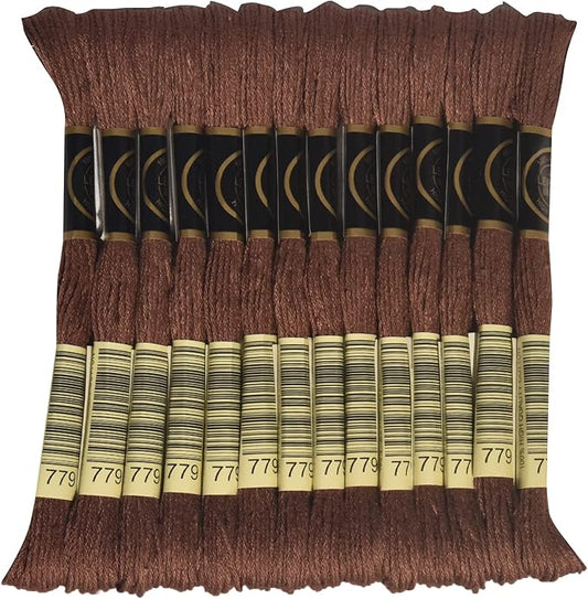 LE PAON Embroidery Floss, 14-Pack Six Strands 100% Long Staple Cotton Embroidery Thread, 8.7-Yard，Color Number：779, Dark Cocoa