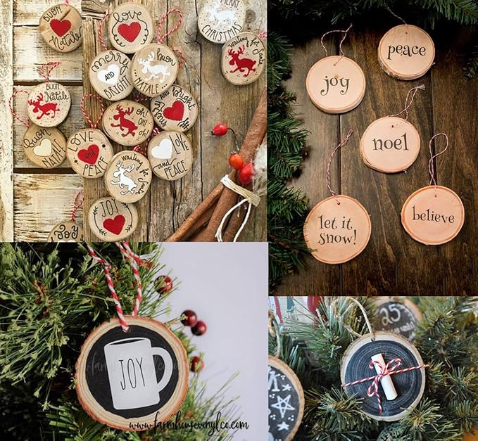 50Pcs Wood Slices 2.4"-2.8" Unfinished Wood Rounds with Pre-drilled Hole and 66Feet Twine String, Natural Wood for Crafts for Home Decor Painting DIY Christmas Ornaments Party Wedding Decor