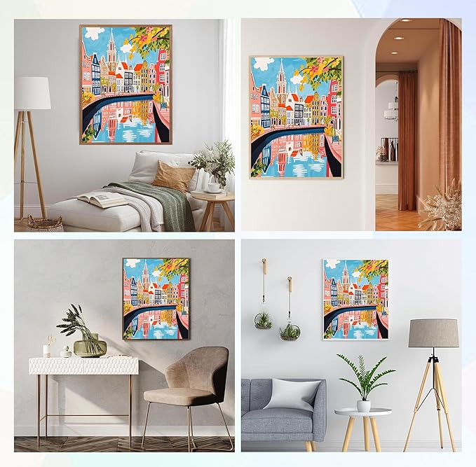 QENSPE Diamond Painting Art Kits for Adults, DIY Landscape Full Drill Diamond Art for Beginners, 5D Colorful Houses Round Diamond Dots Paintings Gem Art Crafts for Home Wall Decor Gifts 30x40cm