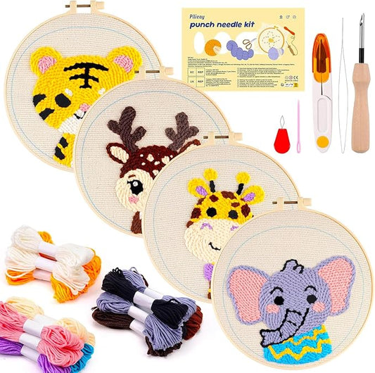 Pllieay 4 Sets Punch Needle Kits, Punch Needle Embroidery Kits for Beginner with Animal Pattern, Punch Needle Tool Including Pre-Printed Cloth, Punch Needle, Hoops and Yarns