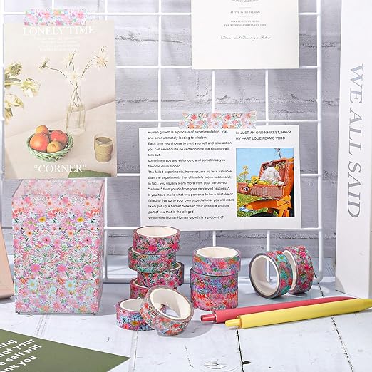 12 Rolls Floral Washi Tapes Watercolor Flower Decorative Masking Tape Set Colorful Spring Wrapping Paper Tape for Scrapbook Journal DIY Art Crafts