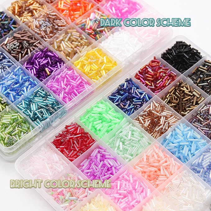 EuTengHao 14400pcs Tube Beads Kit, Glass Bugle Seed Beads Small Craft Beads for DIY Crafting Jewelry Making Supplies (7mm, 300 Per Color, 48 Colors)