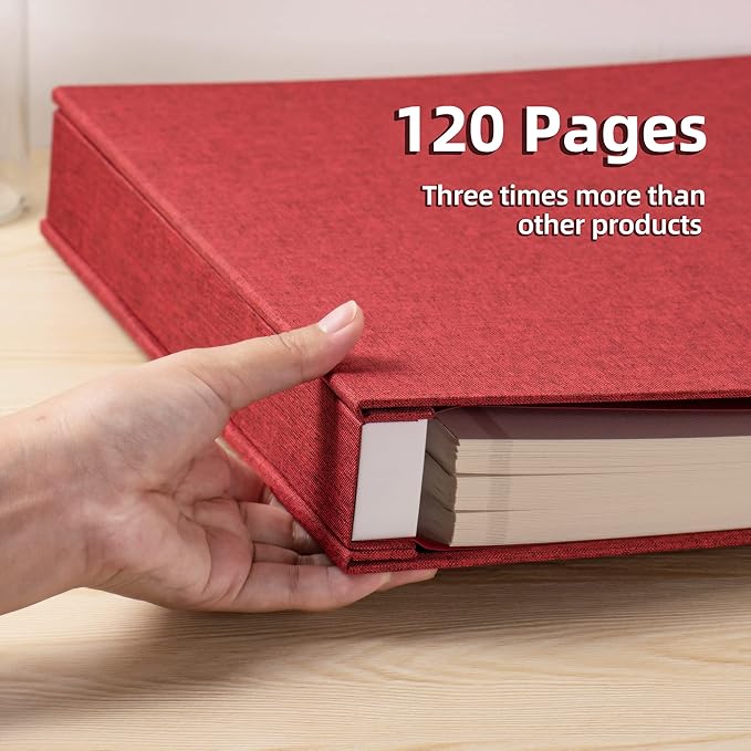 Large Photo Album Self Adhesive 4x6 5x7 3x5 8.5x11 Scrapbook Magnetic Album DIY Scrap Book Length 13 x Width 12.8 (Inches) 120 Sticky Pages Linen Cover DIY Photo Album (Red)