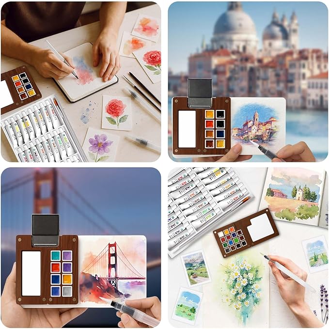 Mini Watercolor Paint Set - 3.7IN Mini Travel Watercolor Palette Set, Pocket Water Color Paint Palette Kit with 24 Colours, Sketchbook, Pens, Wooden Paints Box for Painters Artists