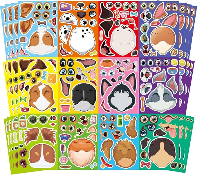 48 sheets dog stickers,make a face stickers for kids, make your own dog sticker, animal sticker for kids 3-5, brithday gift party favors, teacher reward classroom games craft