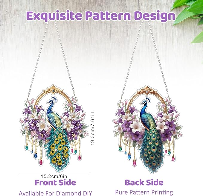 MEIYUDA Peacock Diamond Art Hanging Kits for Adult, Dreamcatcher Diamond Painting Hanging Kits Ornaments, DIY Special Shaped Rhinestone Window Pendants kit for Home Garden Wall Decor Gift