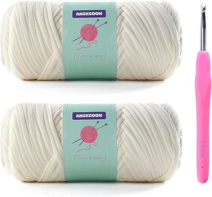 2 Skeins Tshirt Yarn for Crochet,Soft T Shirt Yarn for Crocheting Bag/Basket/Home Decor,Trapillo para Tejer a Crochet Bolsas with 1 Crochet Hook,Each Ribbon Yarn 7oz, 65yd(Milk White)