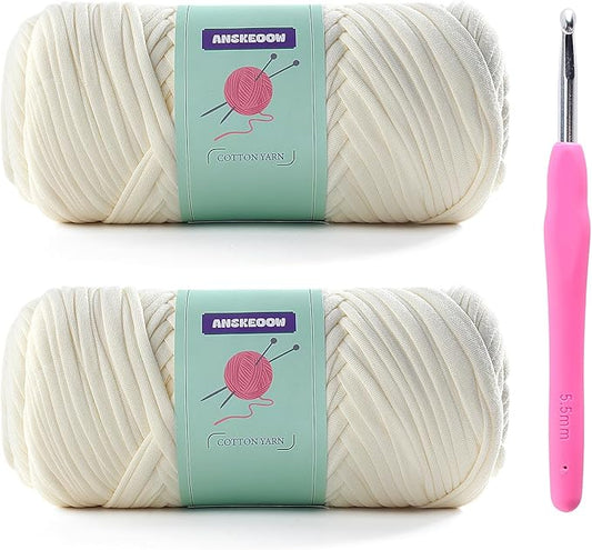 2 Skeins Tshirt Yarn for Crochet,Soft T Shirt Yarn for Crocheting Bag/Basket/Home Decor,Trapillo para Tejer a Crochet Bolsas with 1 Crochet Hook,Each Ribbon Yarn 7oz, 65yd(Milk White)