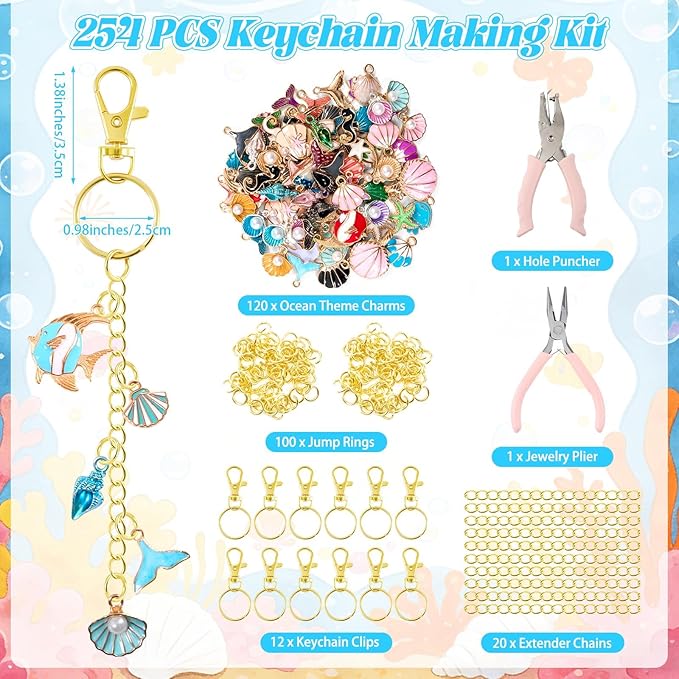 254 Pcs Ocean Themed Charms Lip Gloss Keychain Making Kit Include Summer Sea Beach Enamel Charms Keychain Clips Extender Chains Jump Ring Plier DIY Jewelry Crafts Gifts for Women Adults