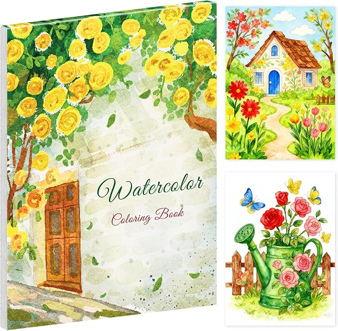 Elfew Flower & Landscape Watercolor Workbook, Watercolor Coloring Books for Adults & Beginners, 20 Pattern with 160gsm No-Bleed Cold-Pressed Paper（No Paints Included）