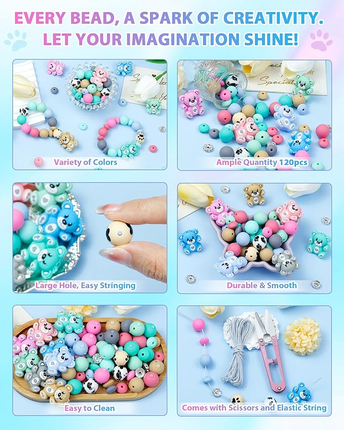 124PCS FIVEIZERO Silicone Focal Beads for Keychain Making, Animal Bear, 15mm Round 12mm Lentil & 10mm Rhinestone Beads for Pens, Bracelets & Crafts with Elastic Cord & Scissors