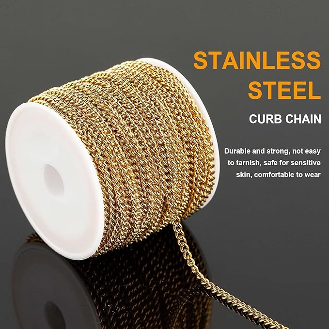 32.8 Feet Twisted Curb Chain for Jewelry Making Gold Plated Stainless Steel Jewelry Chains Bulk for Necklace DIY with Open Jump Rings and Lobster Claps