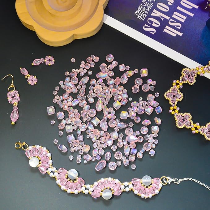 1500 Pcs Crystal Glass Beads for Jewelry Making – 12 Styles Bicone, Rondelle, Cube, Teardrop & 3mm Spacer Beads, DIY Bracelet Necklace Earring Craft Kit with Organizer Box(Pink)