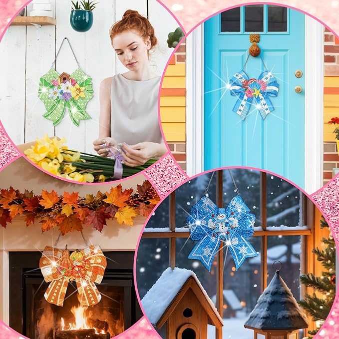 Cinnvoice 12 Pcs Seasonal Diamond Art Wreath Kits Holiday 5d DIY Diamond Art Hanging Signs Winter Spring Ornaments for Wall Door Decoration(Bow)