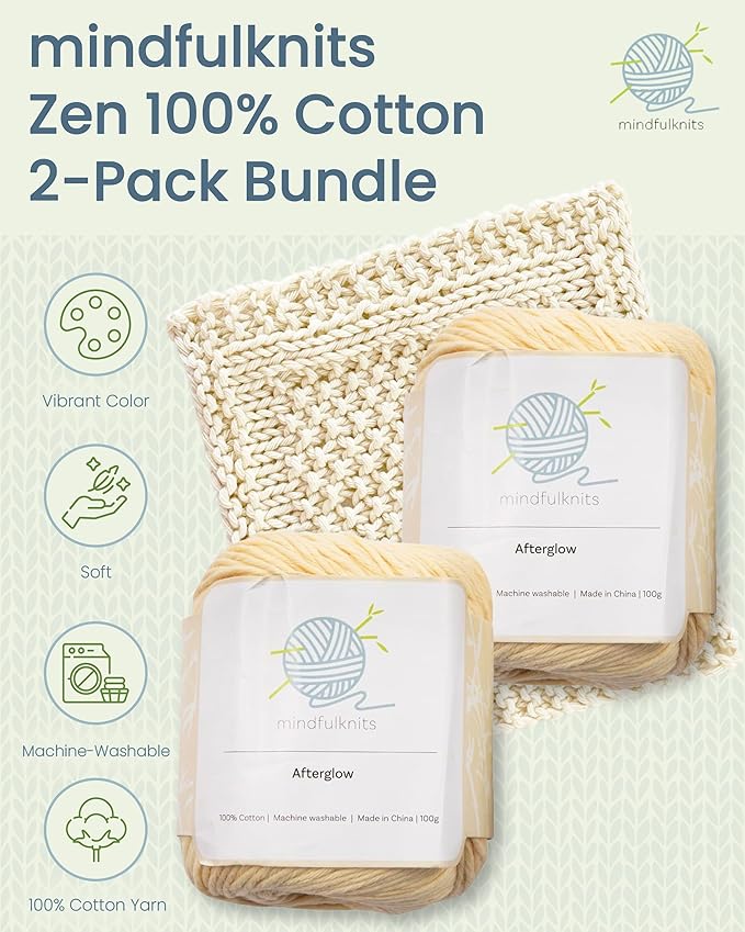 Knitting Yarn, Crochet Yarn, Mindfulness and Relaxation 100 Percent Cotton Yarn, Single Color 2-Pack - Medium Number 4 Worsted Bundle, Soft & Gentle for Garments, Amigurumi, Baby Items by mindfulknits