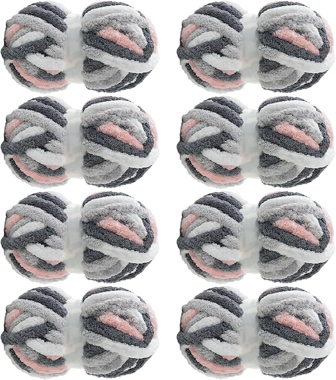 MABOZOO Tie Dye Chunky Yarn for Crocheting & Knitting, 8 Pack - Soft Plush Grey Fluffy Jumbo Chenille Yarn,Giant Thick Fuzzy Bulky(26 yds, 8 oz Each Skein)