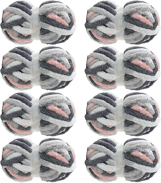MABOZOO Tie Dye Chunky Yarn for Crocheting & Knitting, 8 Pack - Soft Plush Grey Fluffy Jumbo Chenille Yarn,Giant Thick Fuzzy Bulky(26 yds, 8 oz Each Skein)
