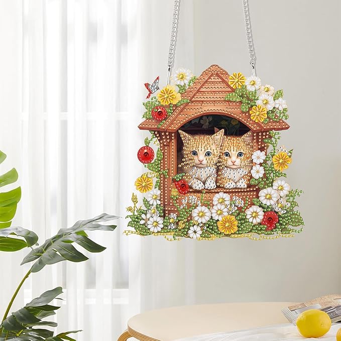 Reofrey Hanging Diamond Art Kits for Adults– 8x8Inch Cats Hanging Ornament Acrylic Board Double Sided Pattern Crystal Diamond Art Suncatcher Pendant, for Home Wall Window Decoration Handmade Gift