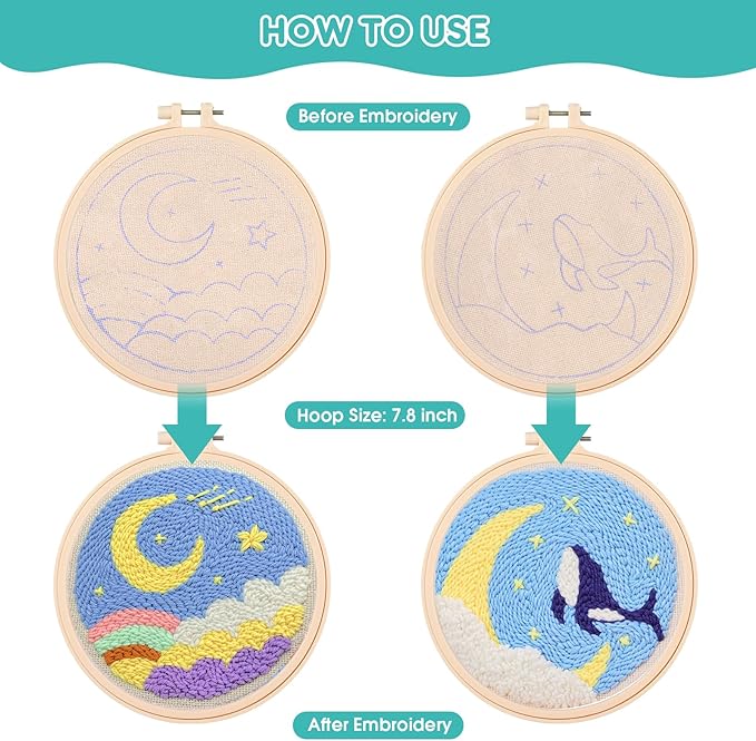 Zuaooz 3 Sets Punch Needle Kits,Whale Rainbow River Punch Embroidery Kits for Adults Beginner, Tool with Punch Needle Fabric, Hoops, Yarns and Sewing Needles