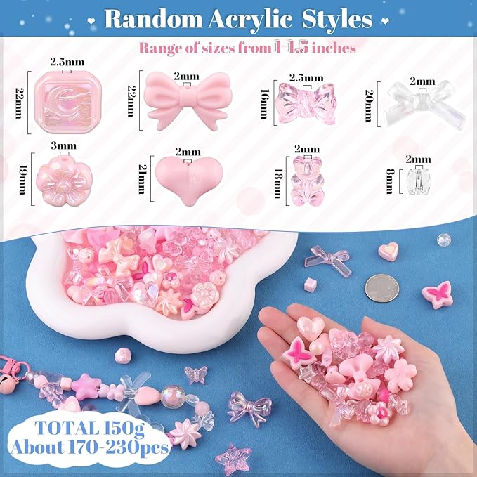 200-260pcs tinkrstuff assorted acrylic beads pink cute beads for bracelet making, bow aesthetic gummybear flower candy butterfly kawaii charms for jewelry making diy necklace keychain phone charm