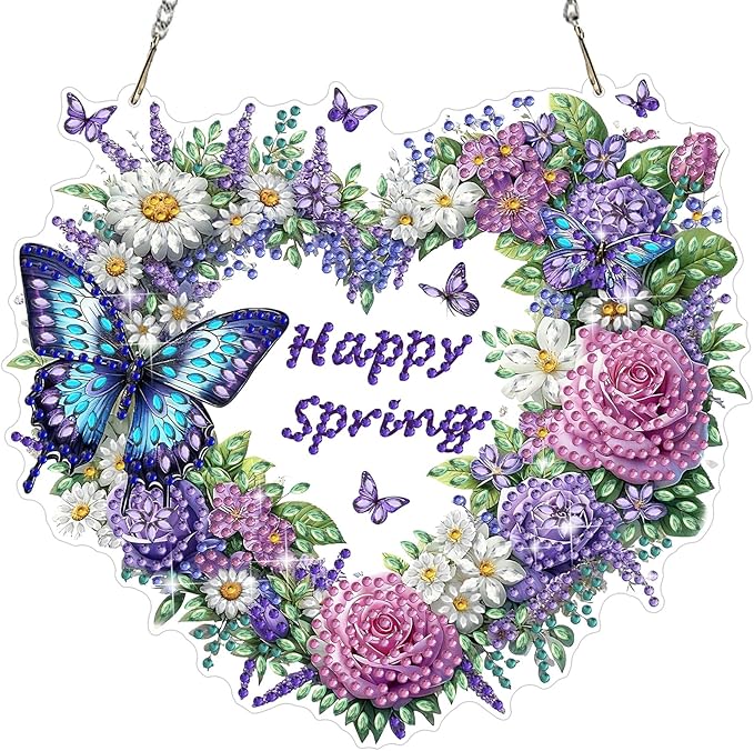 MEIYUDA Flower Wreath Diamond Art Hanging Kits for Adult, Happy Spring Diamond Painting Hanging Kits Ornaments, DIY Special Shaped Rhinestone Window Pendants Kit for Home Garden Wall Decor