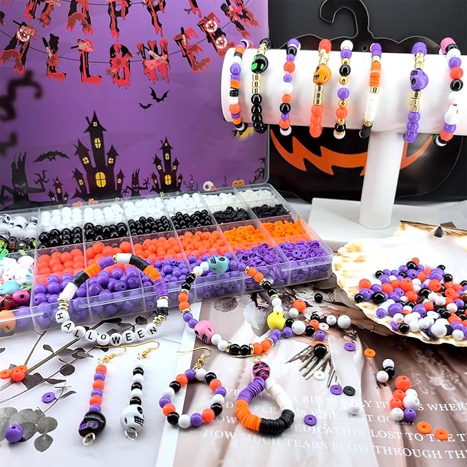 2480Pcs Halloween Beads for Jewelry Making, Halloween Bracelet Making Kit Skull Beads Polymer Clay Beads Heishi Beads 6mm 8mm Black White Orange Purple Round Beads for Bracelets Necklace Charm