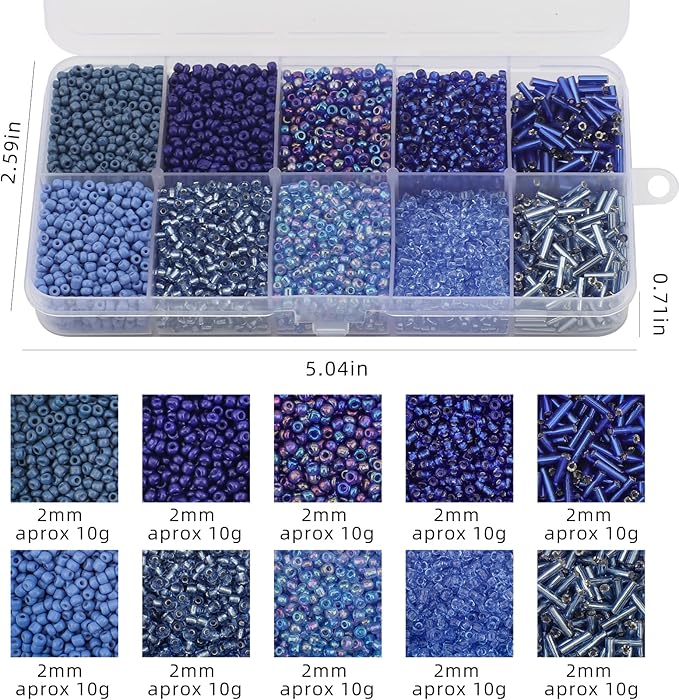 Approx 5000pcs 12/0 Glass Seed Beads for Jewelry Making, 2mm Mix 10 Colors Tube Bead Glass Bugle Bead Waist Beads Kit for Bracelets Necklaces Earrings DIY Supplies (Dark Blue)