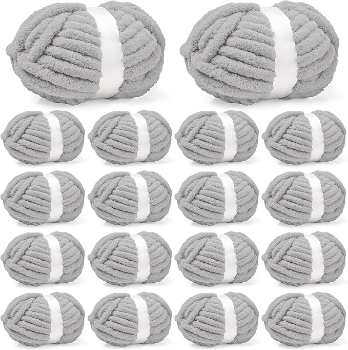 Inhand 18 Pack Chunky Chenille Yarn for Crocheting–30.6 Yards, 7.7oz, Soft Fluffy Thick Yarn,Gifts for Women/Grandma/Men Birthday Christmas Unique,Hand Knitting for Blankets&DIY Crafts (Light Gray)