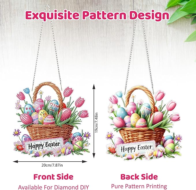 MEIYUDA Easter Egg Diamond Art Hanging Kits for Adult, Eggs Basket Diamond Painting Kits Ornaments, DIY Happy Easter Special Shaped Rhinestone Window Pendants kit for Home Garden Wall Decor Gift