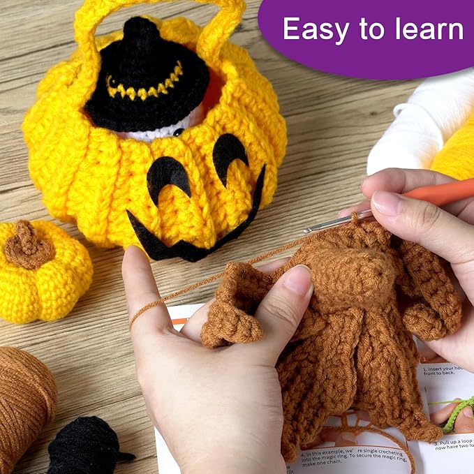 Beginners Easy to Start Crochet Kits for Beginners Halloween Pumpkin Animals Candy Bag Case Crochet Set DIY Gift for Starters Adult Kids Instruction and Video Tutorials