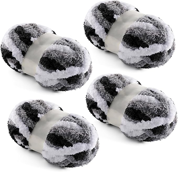 4 Pack Chunky Yarn for Hand Knitting - Chunky Chenille Blanket Yarn for Crocheting - Jumbo Fluffy Yarn for Crochet - Super Bulky Yarn 25 yds 7.7 oz Each Skein (Black White Gray)