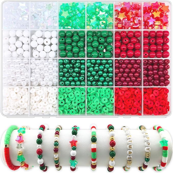 1938Pcs Christmas Beads for Jewelry Making, Red Green White Christmas Bracelet Making Kit Star Beads Polymer Clay Beads Heishi Beads 6mm Pearl Beads 8mm Acrylic Round Beads for Adult Craft Necklace