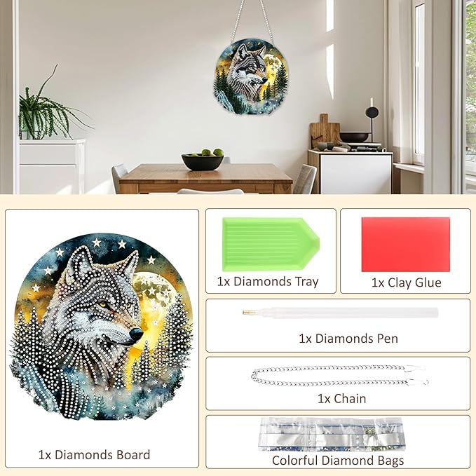 SENQAO Hanging Diamond Art Painting Kits for Adults Beginners, 5D Special Shape Diamond Art Kits, Wolf Crystal Rhinestones Diamond Gem Art Painting for Home Garden Wall Decor