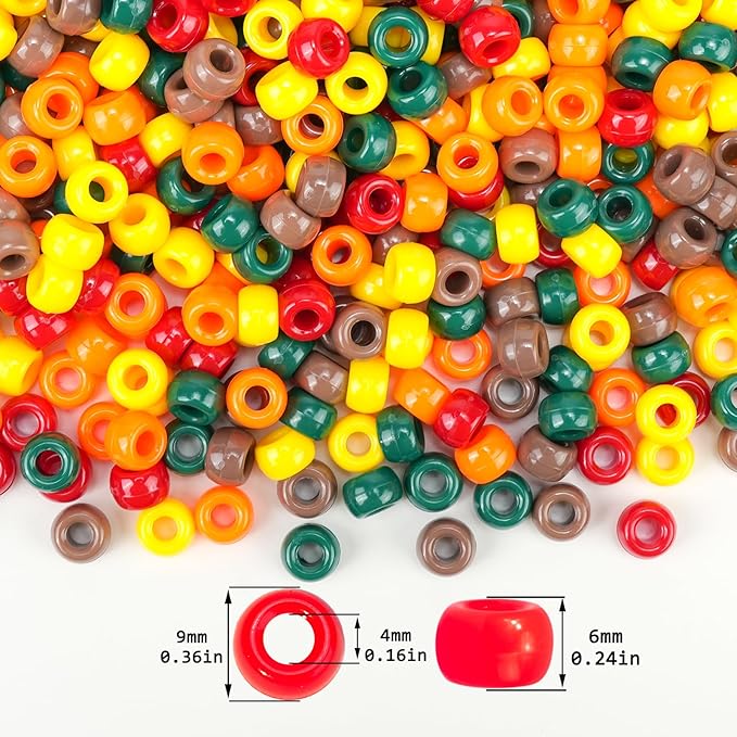 1000PCS Fall Pony Beads Bulk – 6x9mm Green Red Orange Yellow Brown Kandi Beads for Bracelets, Jewelry Making, Hair Braids, DIY Crafts & Thanksgiving Decorations