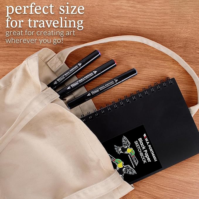 wa portman black paper sketchbook a5 (6" x 8.25") – 140 gsm acid-free black sketchbook for drawing – 60 pages (30 sheets) drawing pad journal – mixed media sketch pad for kids & adults