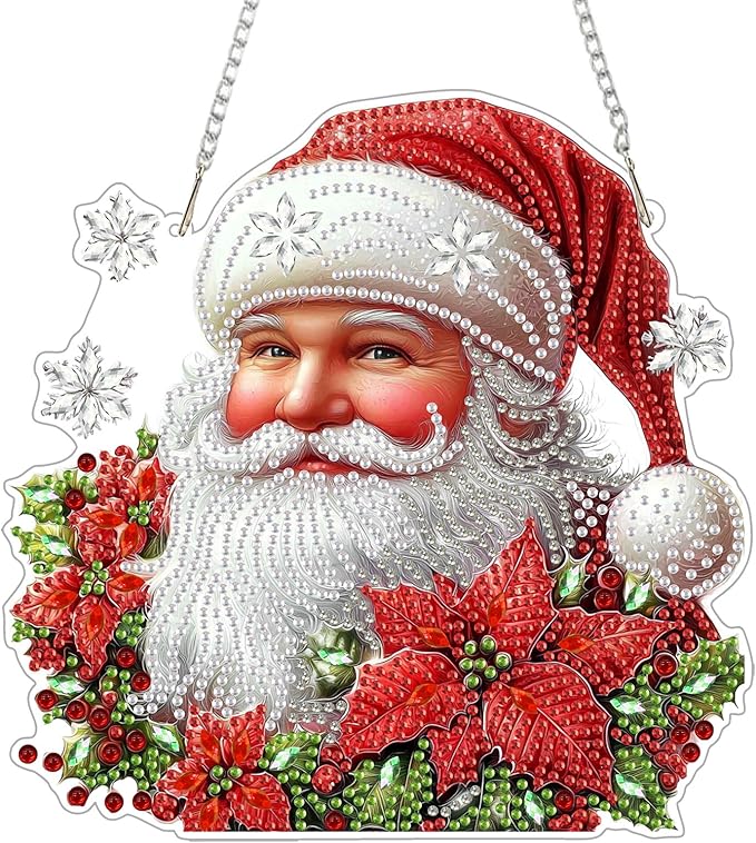 Christmas Santa Claus Diamond Art Hanging Kits for Adults, Diamond Painting Pendant Kits, DIY Acrylic 5D Special Shaped Crystal Diamonds Gem Art Painting Ornament for Home Wall Decor Gift