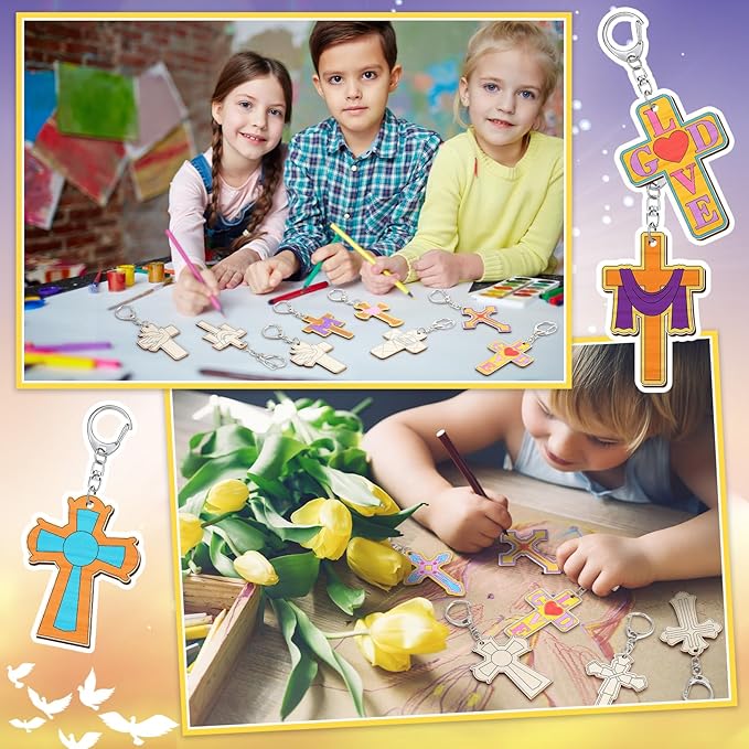 Trnayi 36 Pcs Religious Cross DIY Wooden Keychain Crafts Color Your Own Cross Wood Keychains Unfinished Sunday School Christian Gifts Blank Love God Kits for Art Easter Party Home Activities