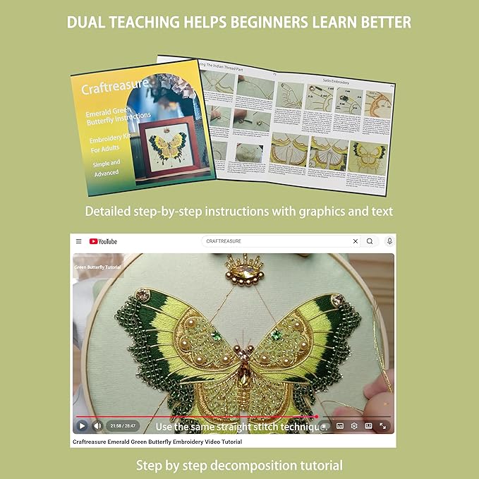 Craftreasure Embroidery Kit for Adults, Butterfly Embroidery Kit for Beginners Include Embroidery Beads Threads for Craft Lover Hand Stitch with Embroidery Skill Technique (Green - Easy)